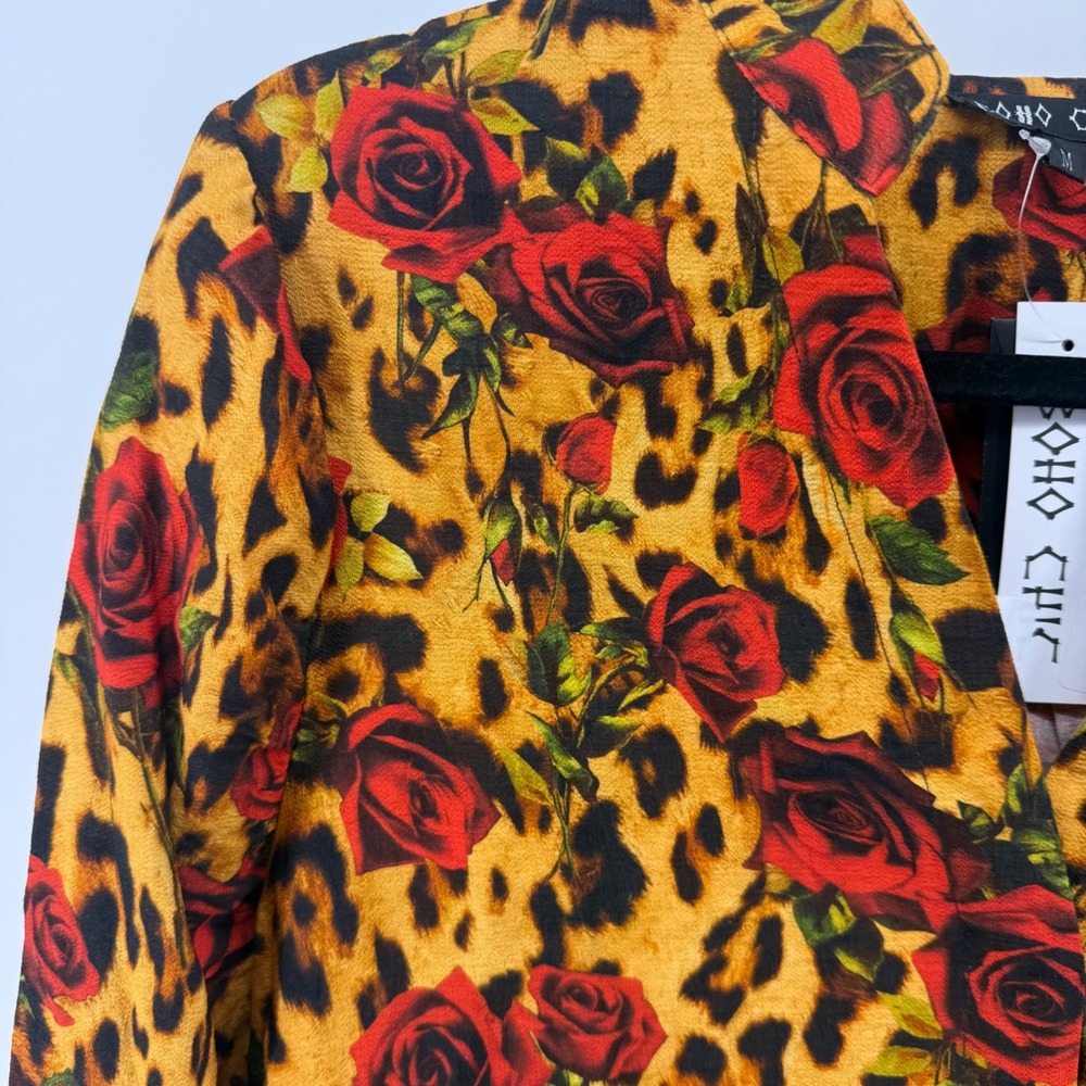 Boho Chic Leopard Rose Print Button Down Long Sle… - image 2